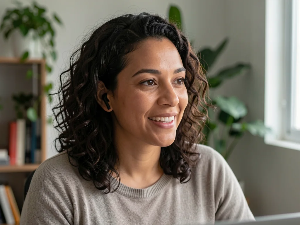 Ana, uma brasileira de cabelo cacheado, sorrindo numa videochamada do home office.