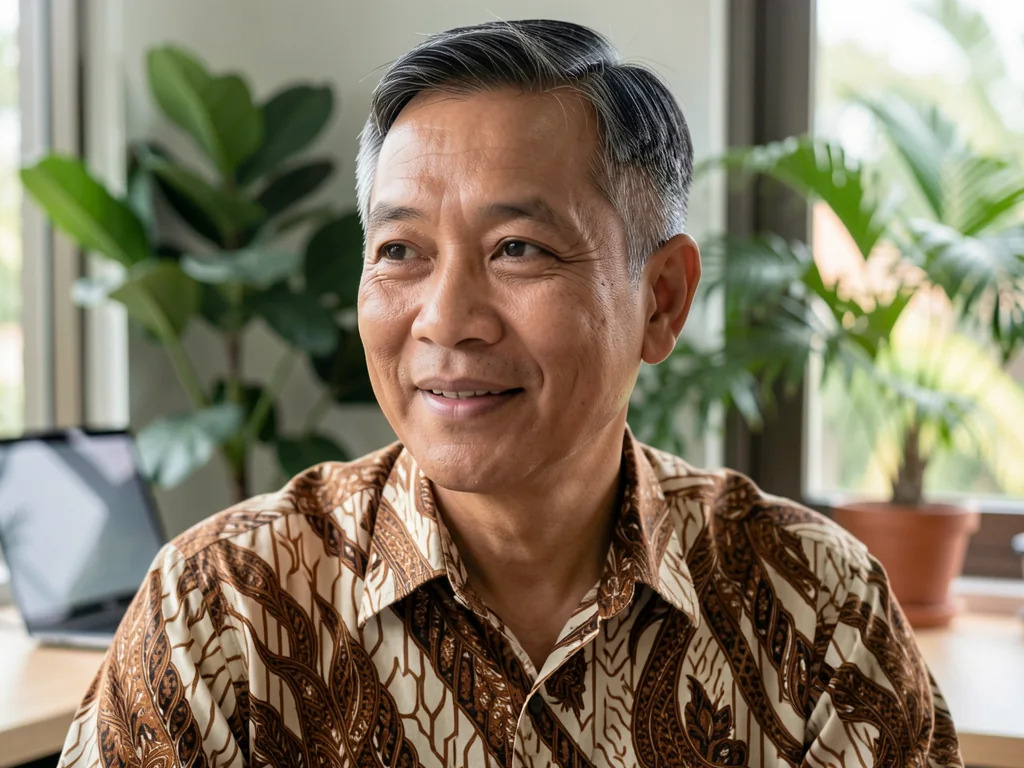 Budi, en indonesisk mand i batikskjorte, smiler varmt i et videoopkald med tropiske planter bag sig.