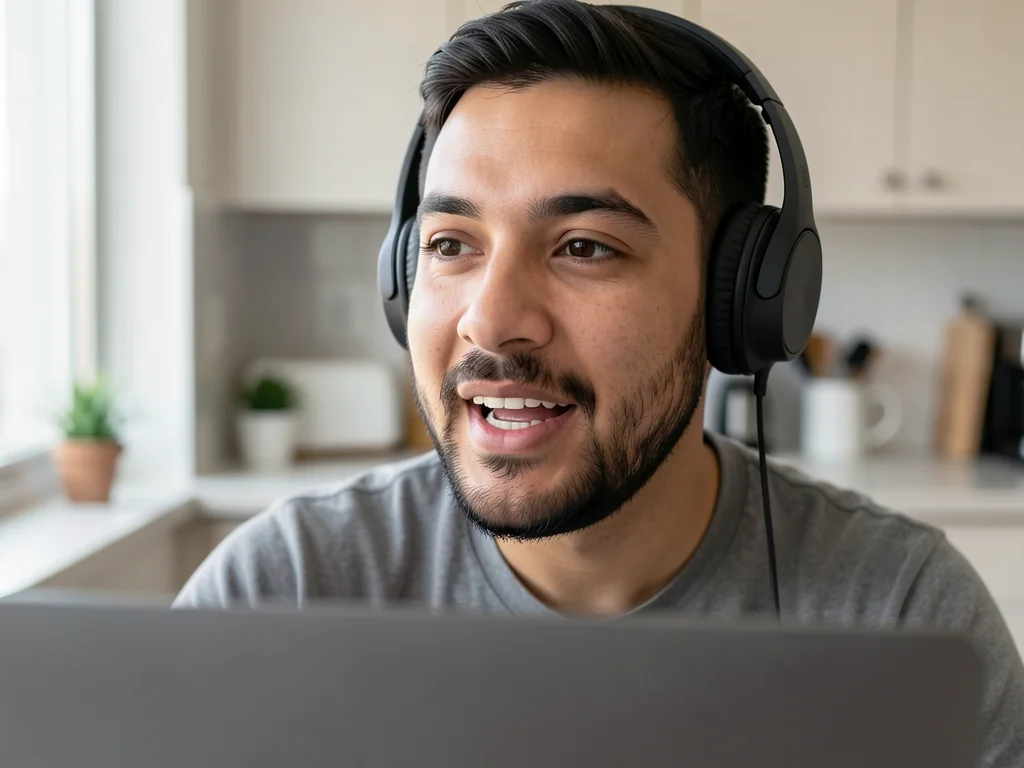 Diego, um mexicano de fones de ouvido, conversando numa videochamada.