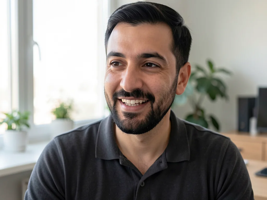 Emre, en tyrkisk mand med velplejet skæg og koksgrå polo, smiler i et videoopkald fra et lyst kontor.