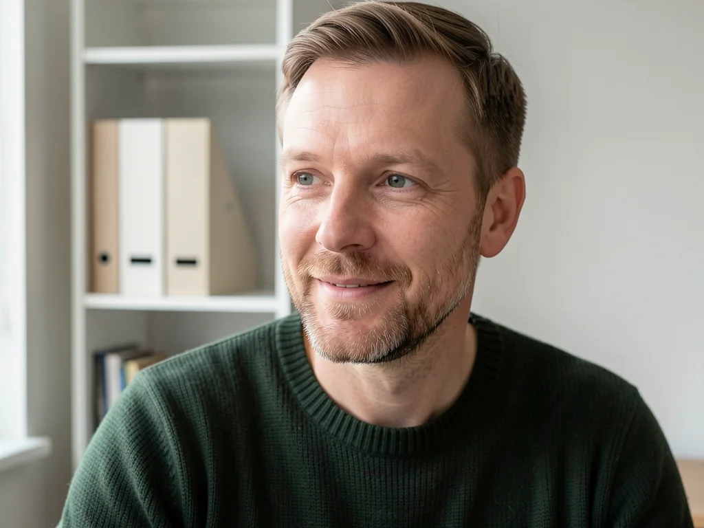Jonas, en tysk mand i grøn strikket sweater, lytter i et videoopkald foran en hvid reol.