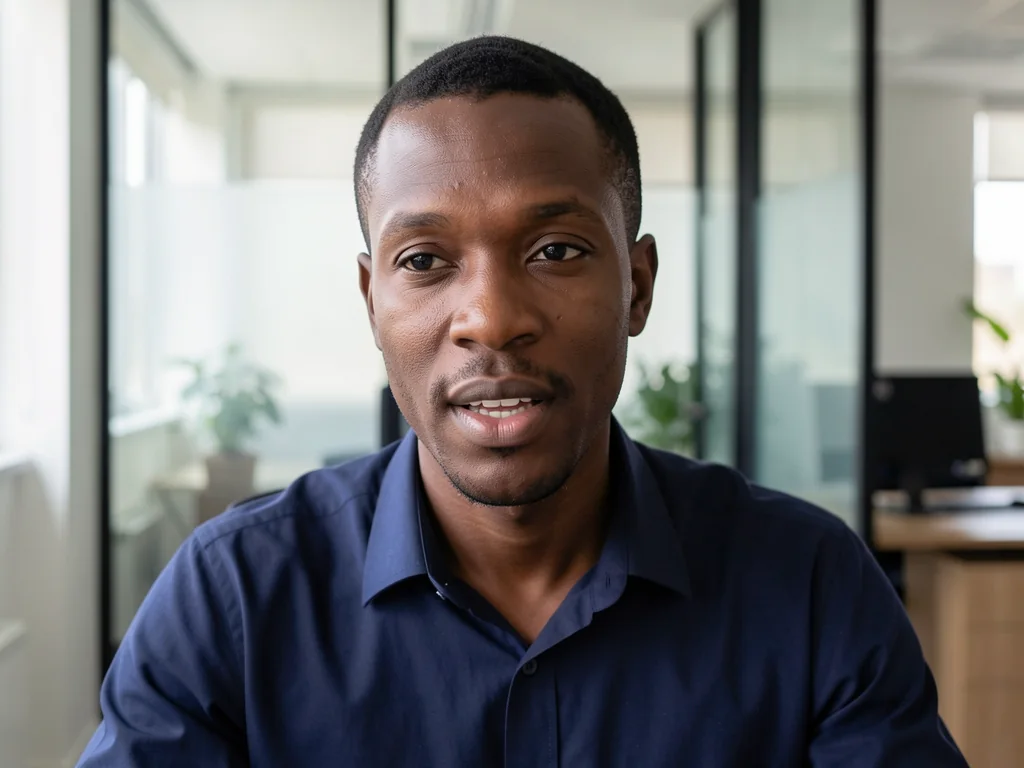 Marcus, um nigeriano de camisa azul-marinho, falando numa videochamada de um escritório moderno.