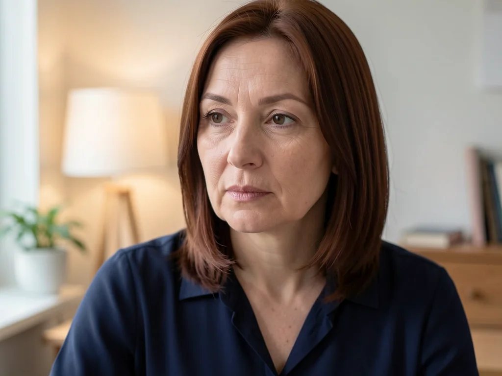 Olga, en russisk kvinde med kastanjebrunt hår og mørkeblå bluse, eftertænksom i et videoopkald fra et roligt arbejdsværelse.