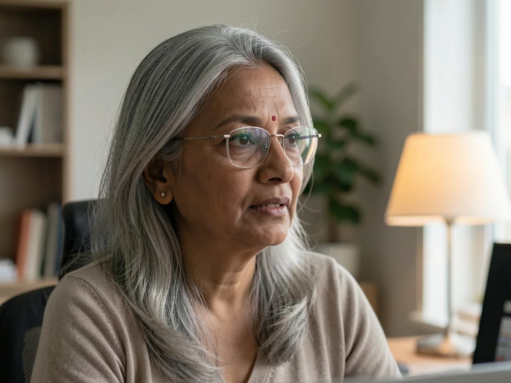 Priya, uma indiana de óculos, concordando com a cabeça numa videochamada.