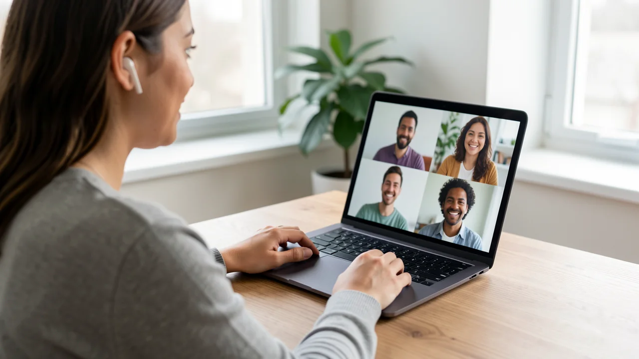 Uma mulher numa mesa de madeira conversa numa videochamada; o notebook mostra quatro rostos sorridentes de nacionalidades diferentes.