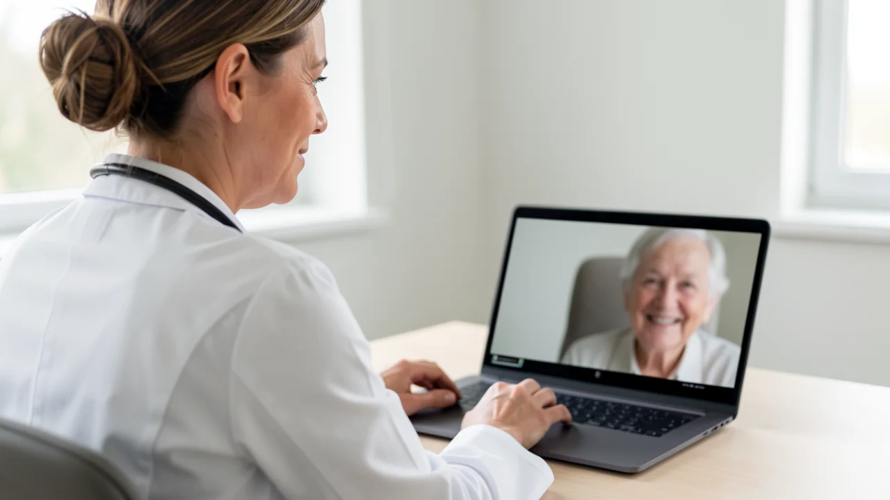 Uma médica de jaleco em consulta por vídeo com uma paciente no notebook.
