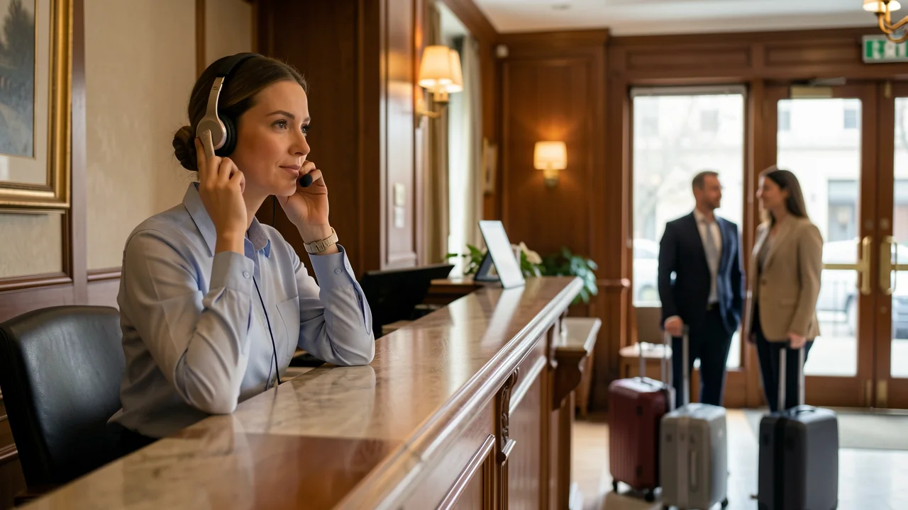 Uma concierge de hotel atendendo uma ligação com headset numa recepção aconchegante.