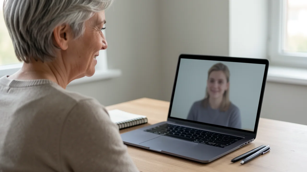 Uma recrutadora conduzindo uma entrevista por vídeo, caderno ao lado do notebook.