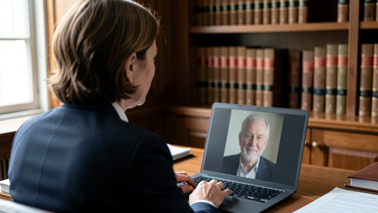Uma advogada numa videochamada com um cliente num escritório de madeira.
