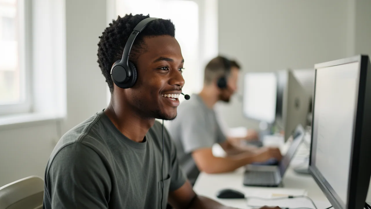 Um atendente de suporte com headset sorrindo enquanto fala numa mesa de escritório aberto.
