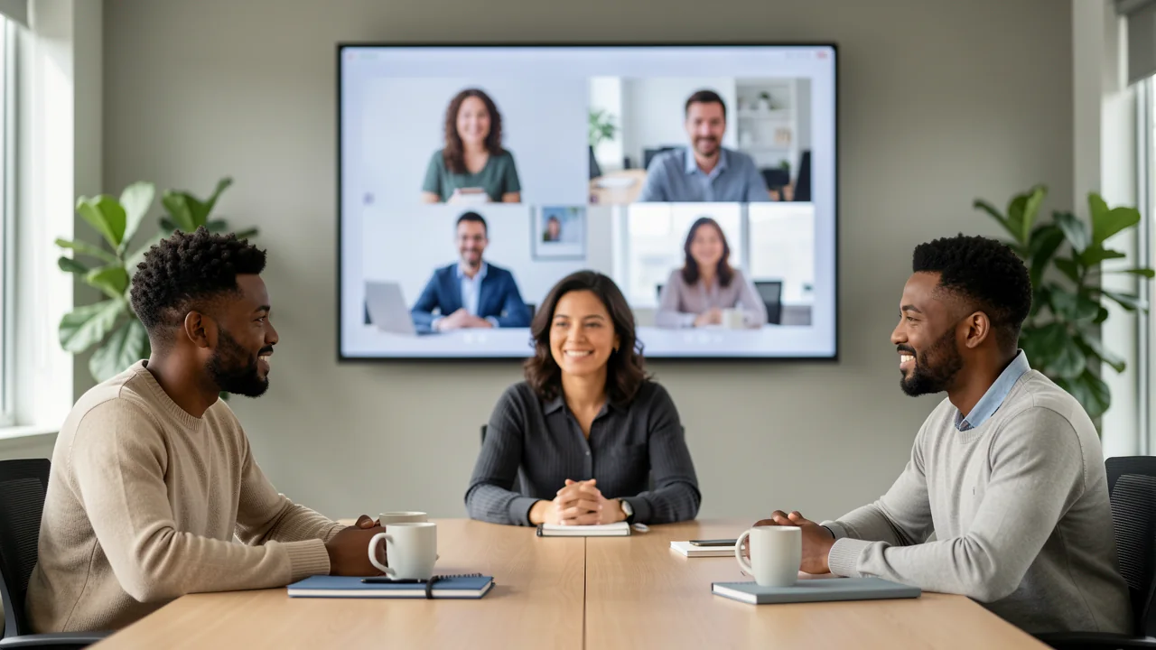 Uma equipe multicultural numa sala de reunião com colegas remotos numa tela na parede.